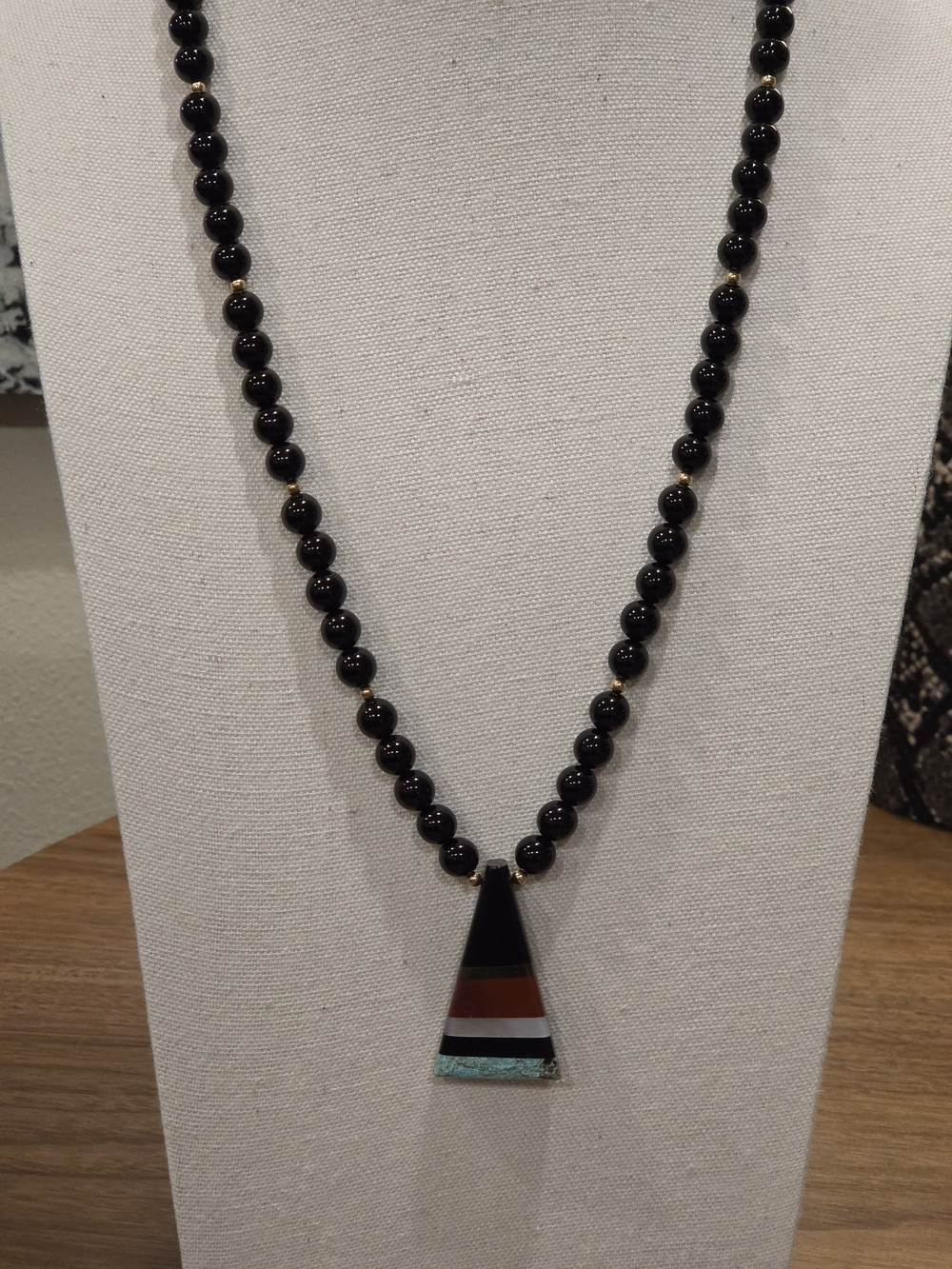 Onyx Beaded Necklace with Multicolor Inlay Triangle Pendant